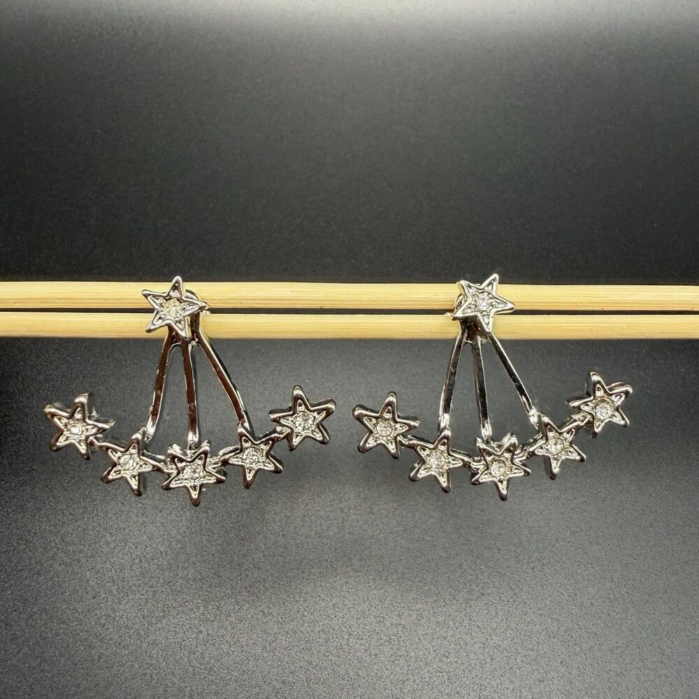 Silver Tone Five Star Ear Jacket Cluster Stud Earrings Celestial Jewelry Gift